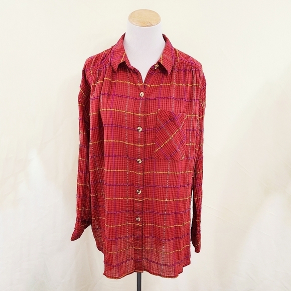 Free People Break My Stride red plaid shirt button down oversized medium - Picture 3 of 9